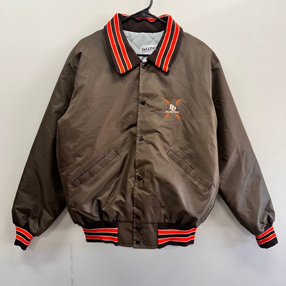 VTG 80s DeLONG Bomber Jacket Mens Large Brown Orange Retro Electric Snap Varsity - Picture 1 of 10